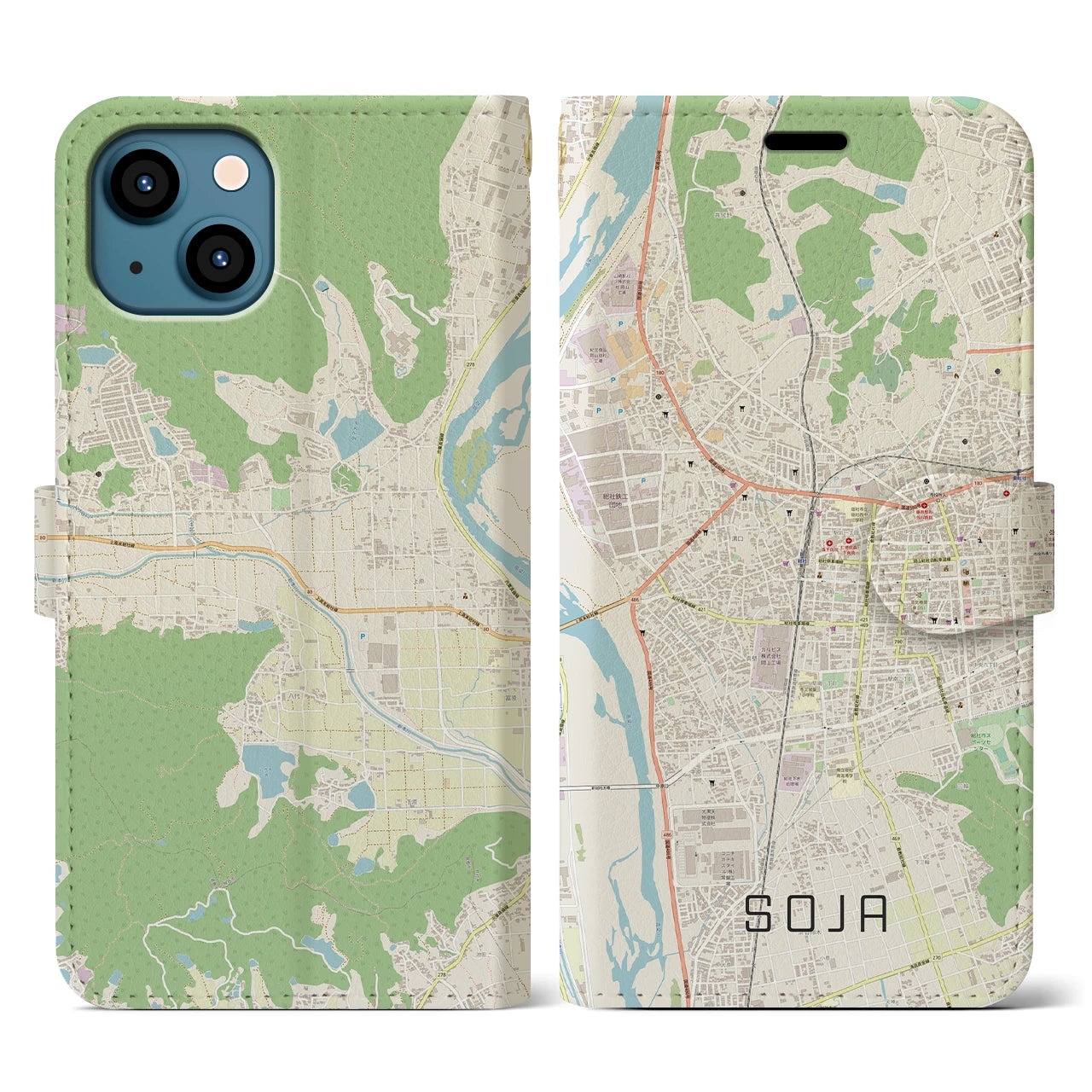 【総社(岡山県)】地図柄iPhoneケース(手帳タイプ)ナチュラル・iPhone 13 用