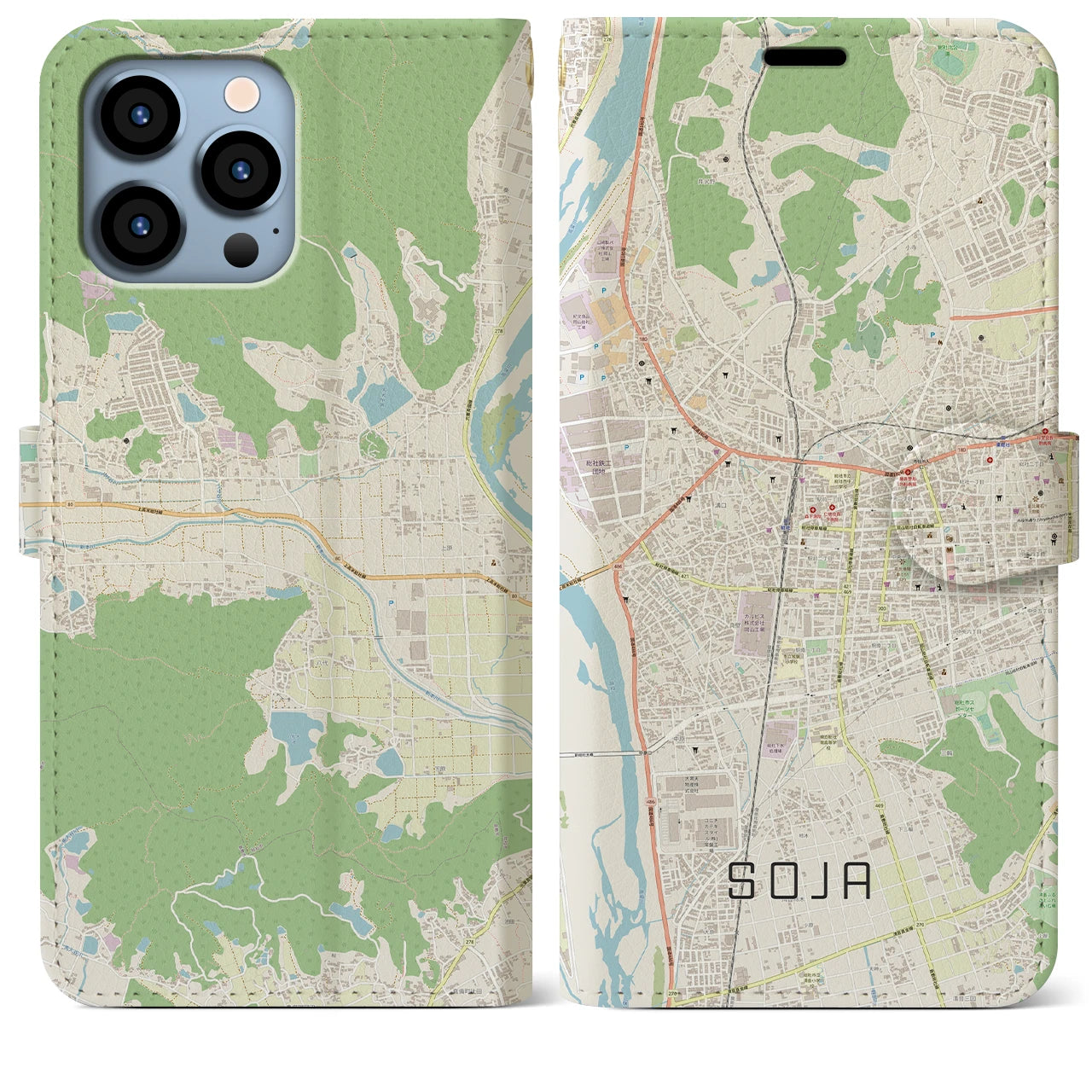 【総社(岡山県)】地図柄iPhoneケース(手帳タイプ)ナチュラル・iPhone 13 Pro Max 用