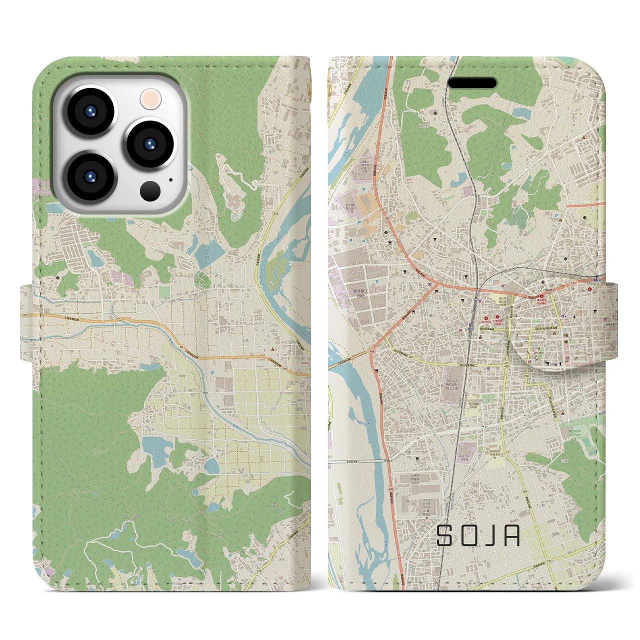 【総社(岡山県)】地図柄iPhoneケース(手帳タイプ)ナチュラル・iPhone 13 Pro 用
