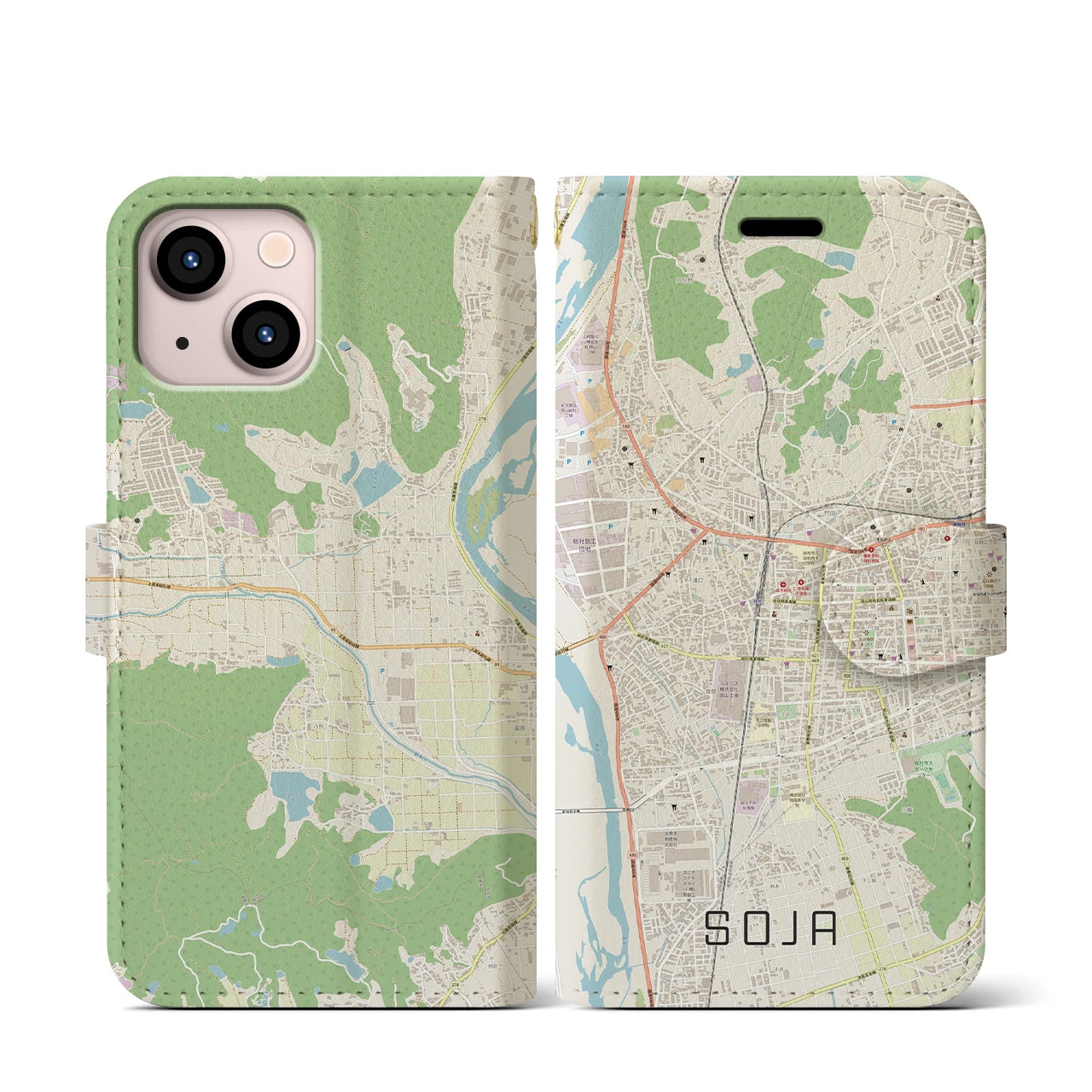 【総社(岡山県)】地図柄iPhoneケース(手帳タイプ)ナチュラル・iPhone 13 mini 用