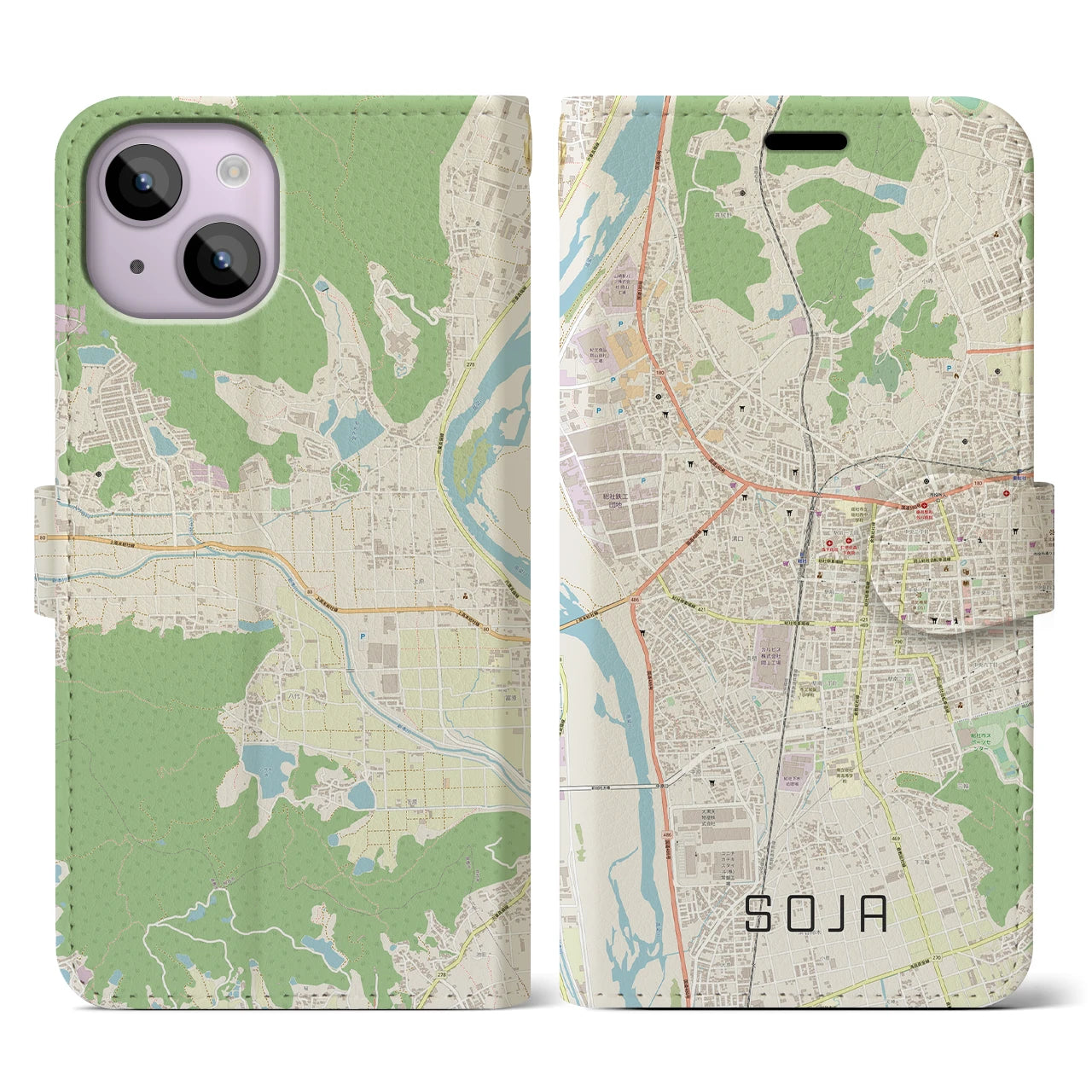 【総社(岡山県)】地図柄iPhoneケース(手帳タイプ)ナチュラル・iPhone 14 用