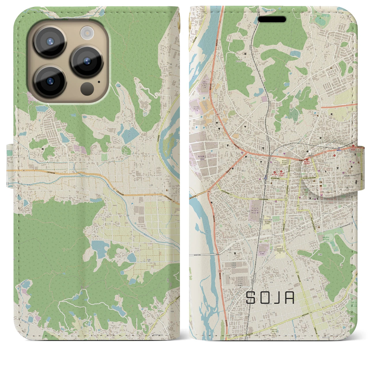 【総社(岡山県)】地図柄iPhoneケース(手帳タイプ)ナチュラル・iPhone 14 Pro Max 用