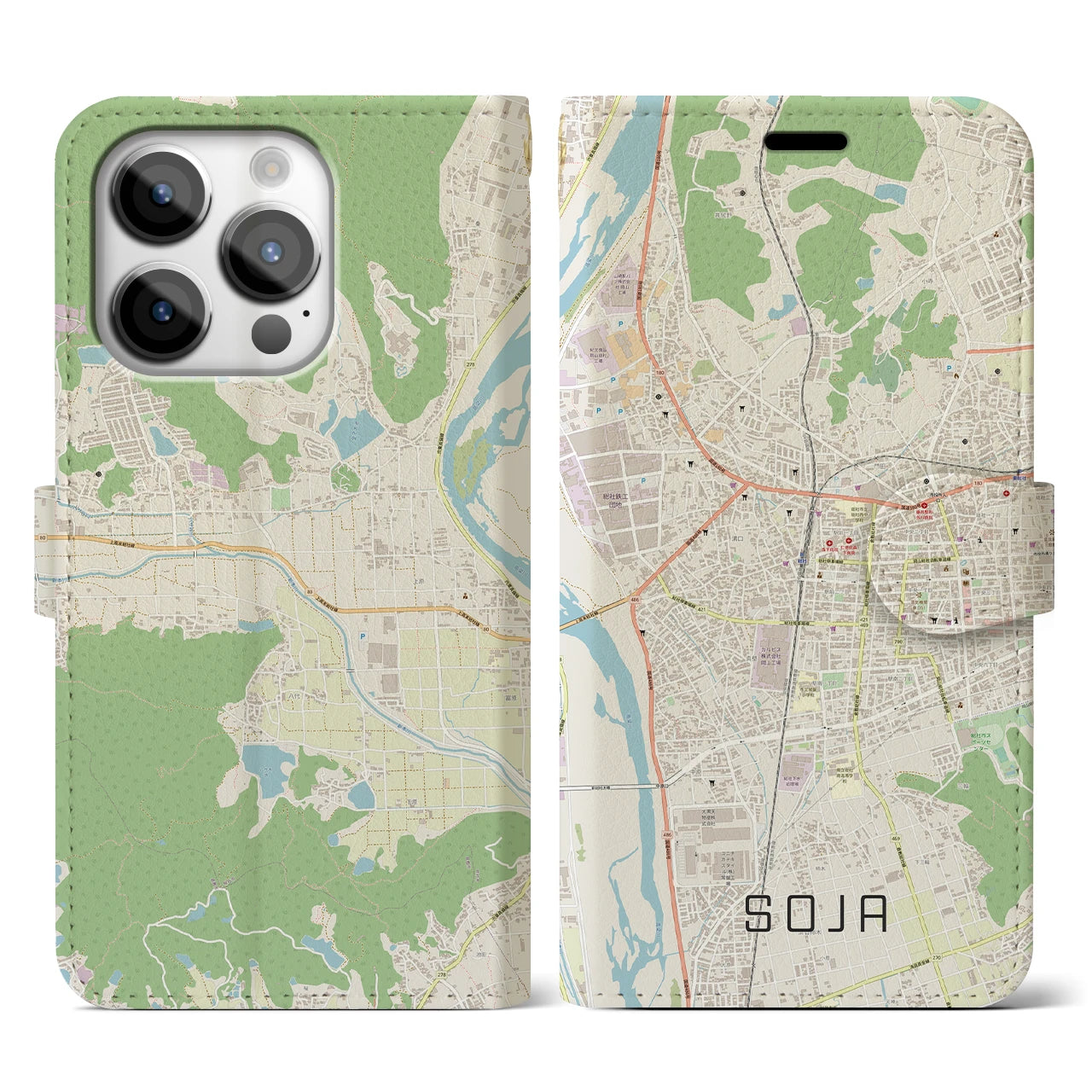 【総社(岡山県)】地図柄iPhoneケース(手帳タイプ)ナチュラル・iPhone 14 Pro 用