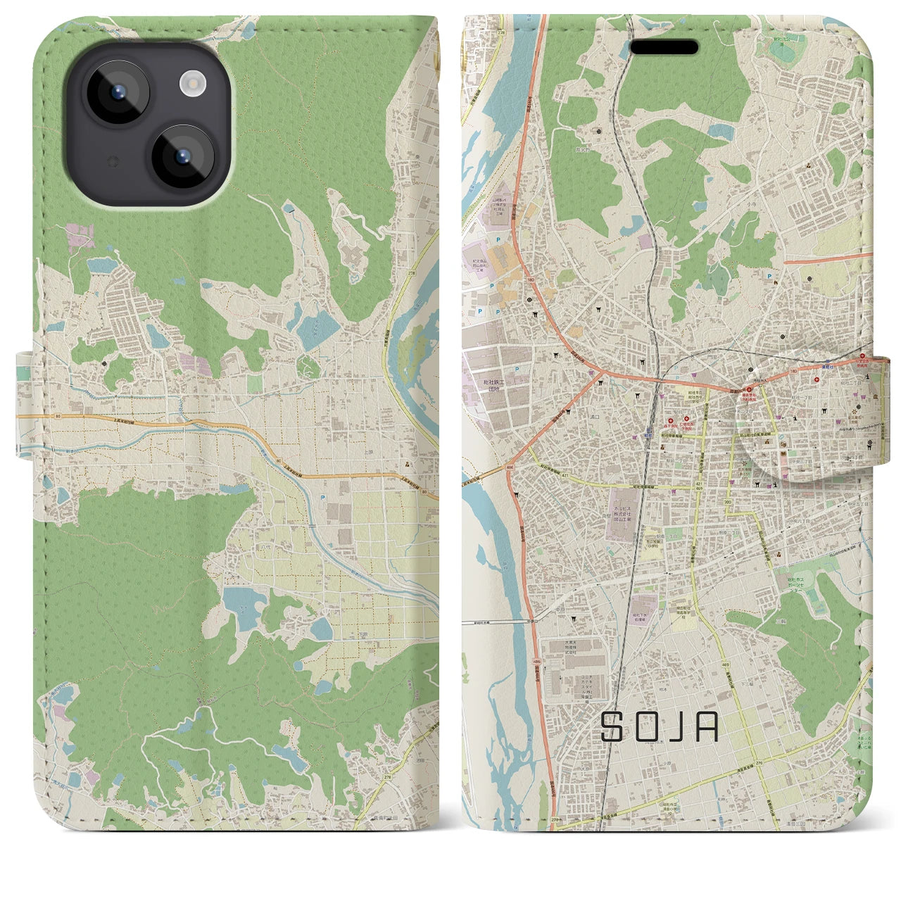 【総社(岡山県)】地図柄iPhoneケース(手帳タイプ)ナチュラル・iPhone 14 Plus 用