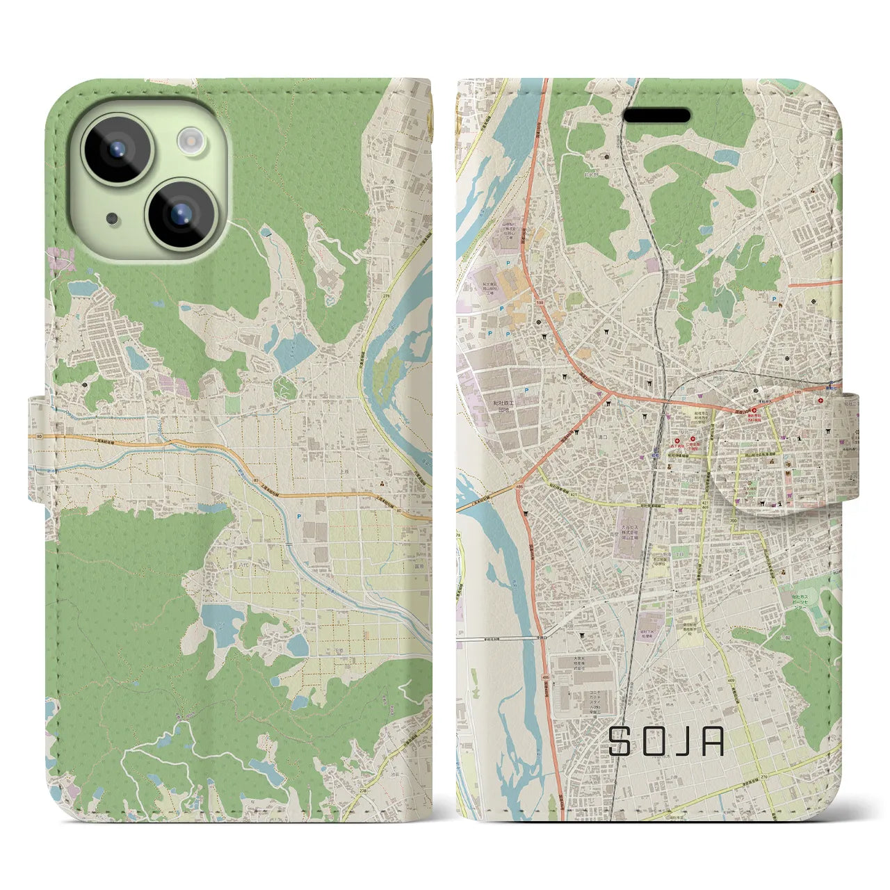 【総社(岡山県)】地図柄iPhoneケース(手帳タイプ)ナチュラル・iPhone 15 用