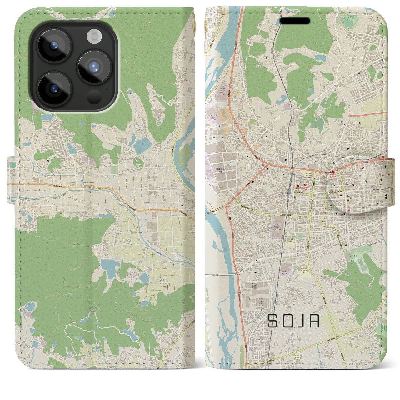 【総社(岡山県)】地図柄iPhoneケース(手帳タイプ)ナチュラル・iPhone 15 Pro Max 用