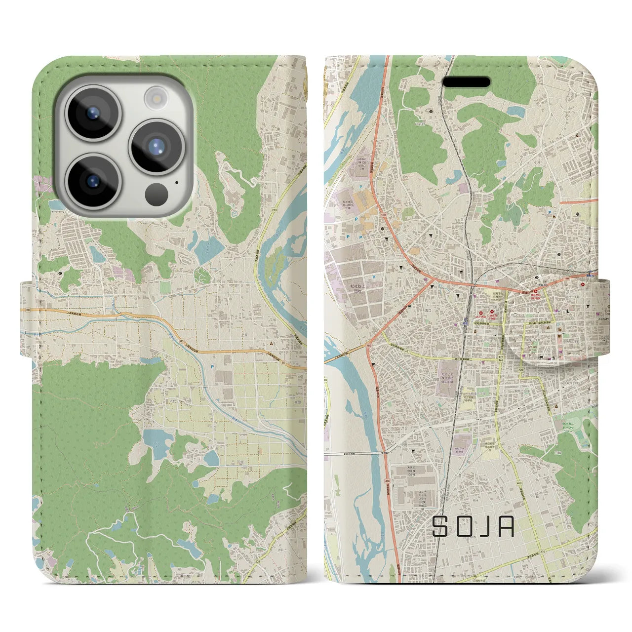 【総社(岡山県)】地図柄iPhoneケース(手帳タイプ)ナチュラル・iPhone 15 Pro 用