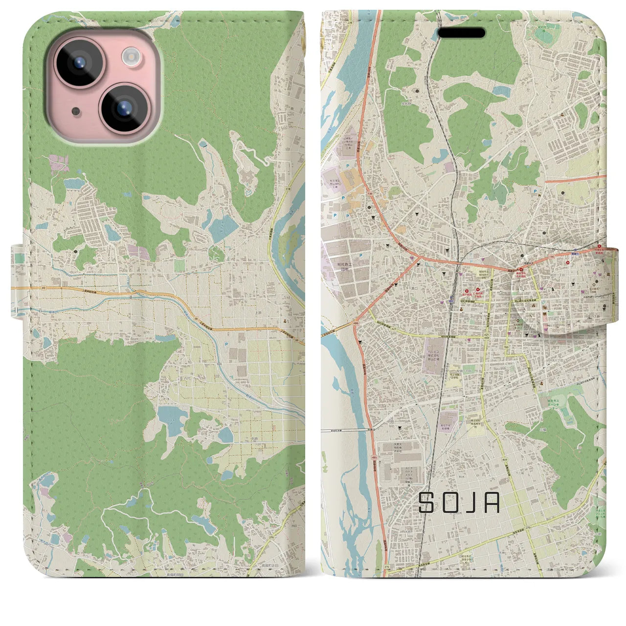 【総社(岡山県)】地図柄iPhoneケース(手帳タイプ)ナチュラル・iPhone 15 Plus 用