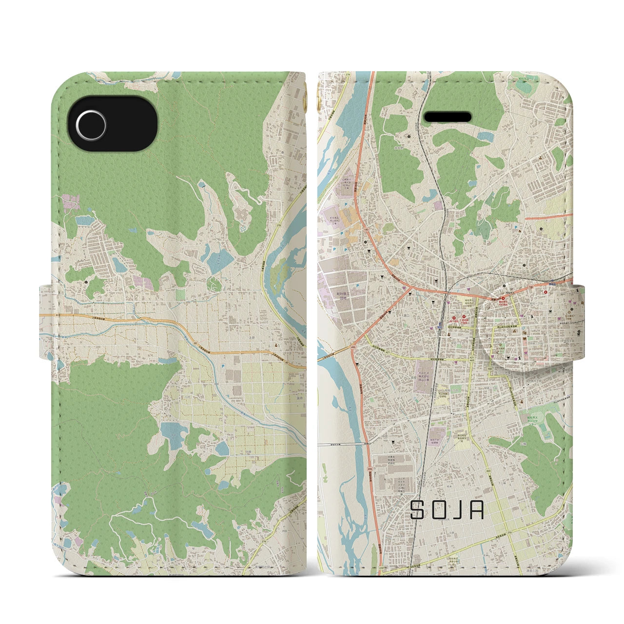 【総社(岡山県)】地図柄iPhoneケース(手帳タイプ)ナチュラル・iPhone SE(第3 / 第2世代) / 8 / 7 / 6s / 6 用