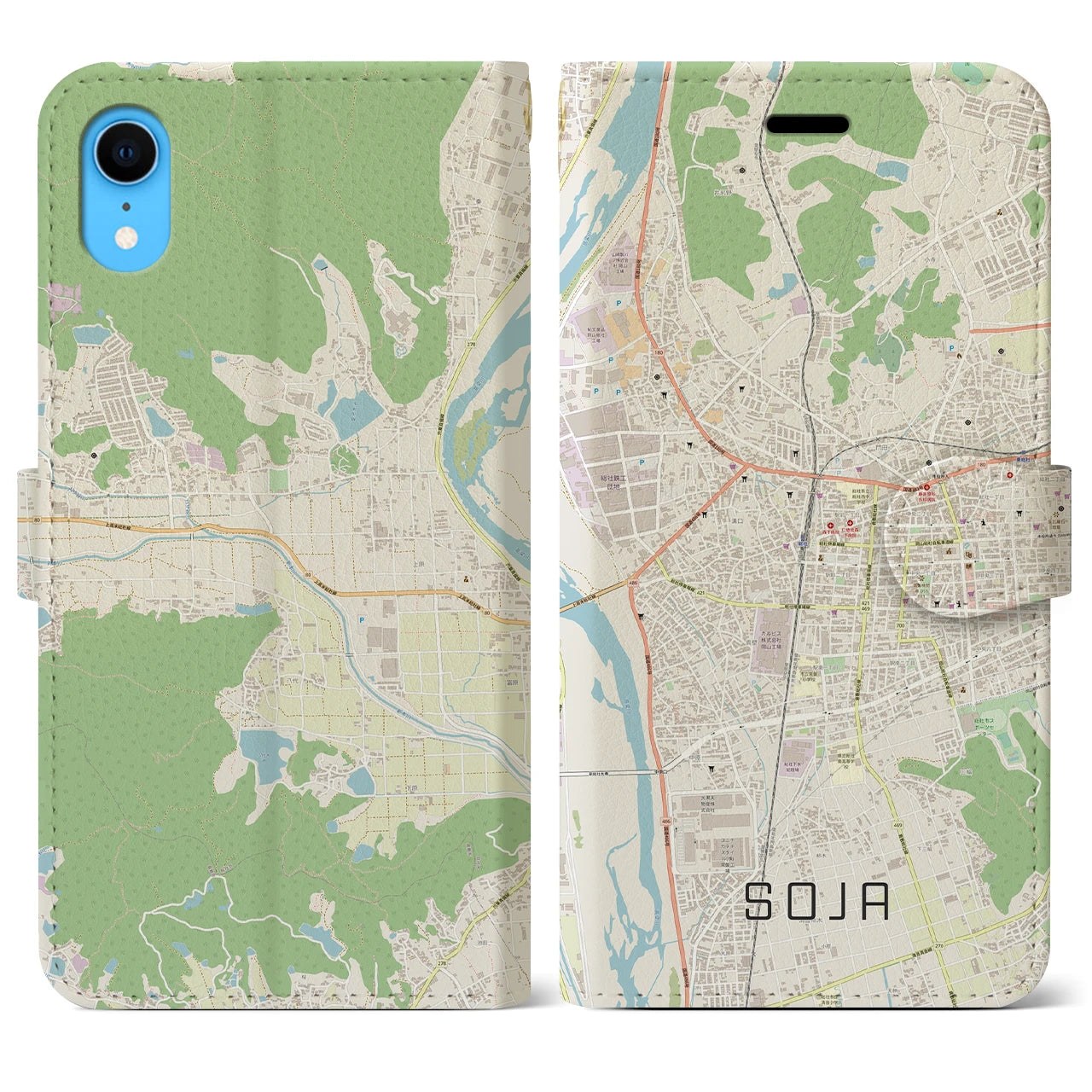 【総社(岡山県)】地図柄iPhoneケース(手帳タイプ)ナチュラル・iPhone XR 用
