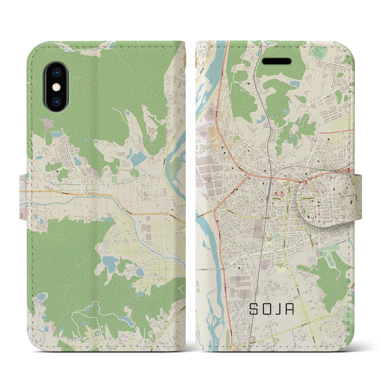 【総社(岡山県)】地図柄iPhoneケース(手帳タイプ)ナチュラル・iPhone XS / X 用