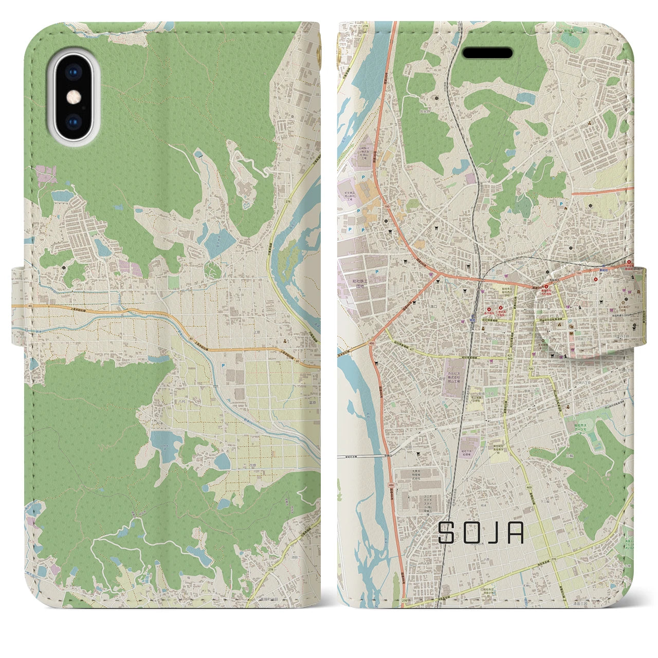 【総社(岡山県)】地図柄iPhoneケース(手帳タイプ)ナチュラル・iPhone XS Max 用