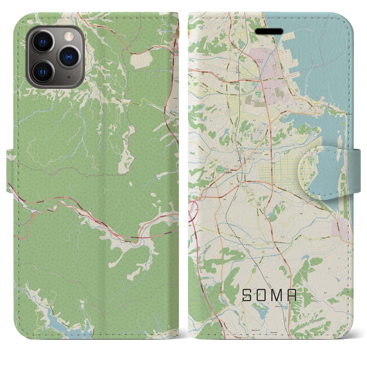 【相馬(福島県)】地図柄iPhoneケース(手帳タイプ)ナチュラル・iPhone 11 Pro Max 用