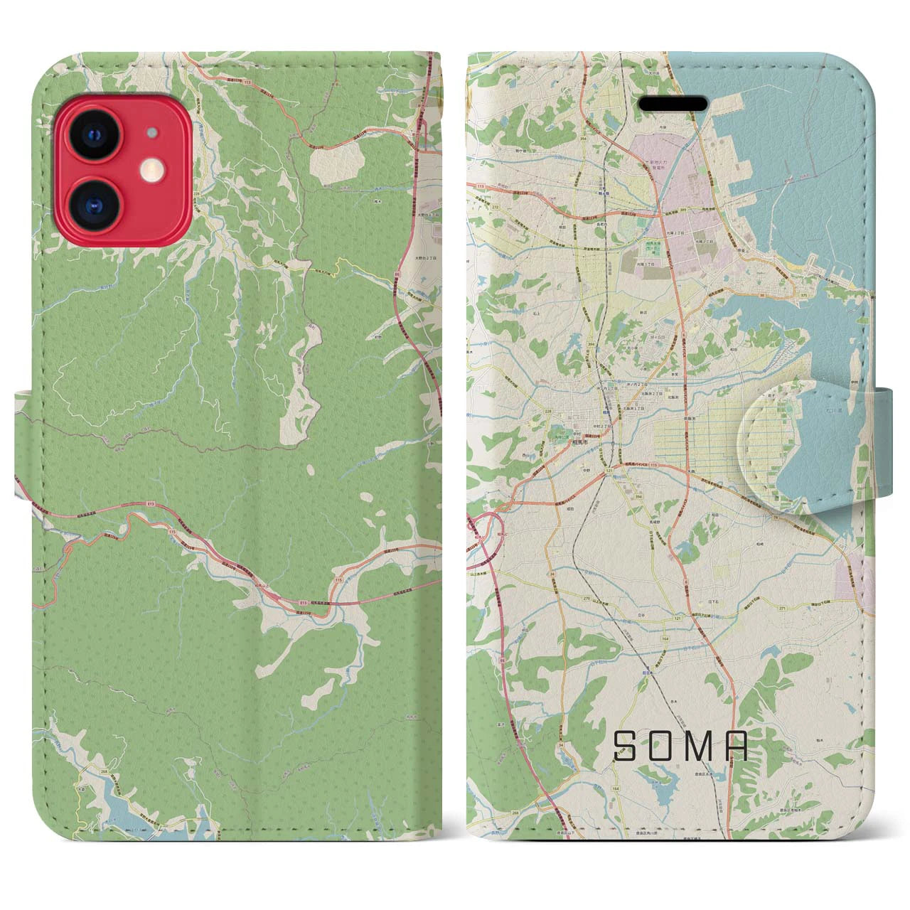 【相馬(福島県)】地図柄iPhoneケース(手帳タイプ)ナチュラル・iPhone 11 用