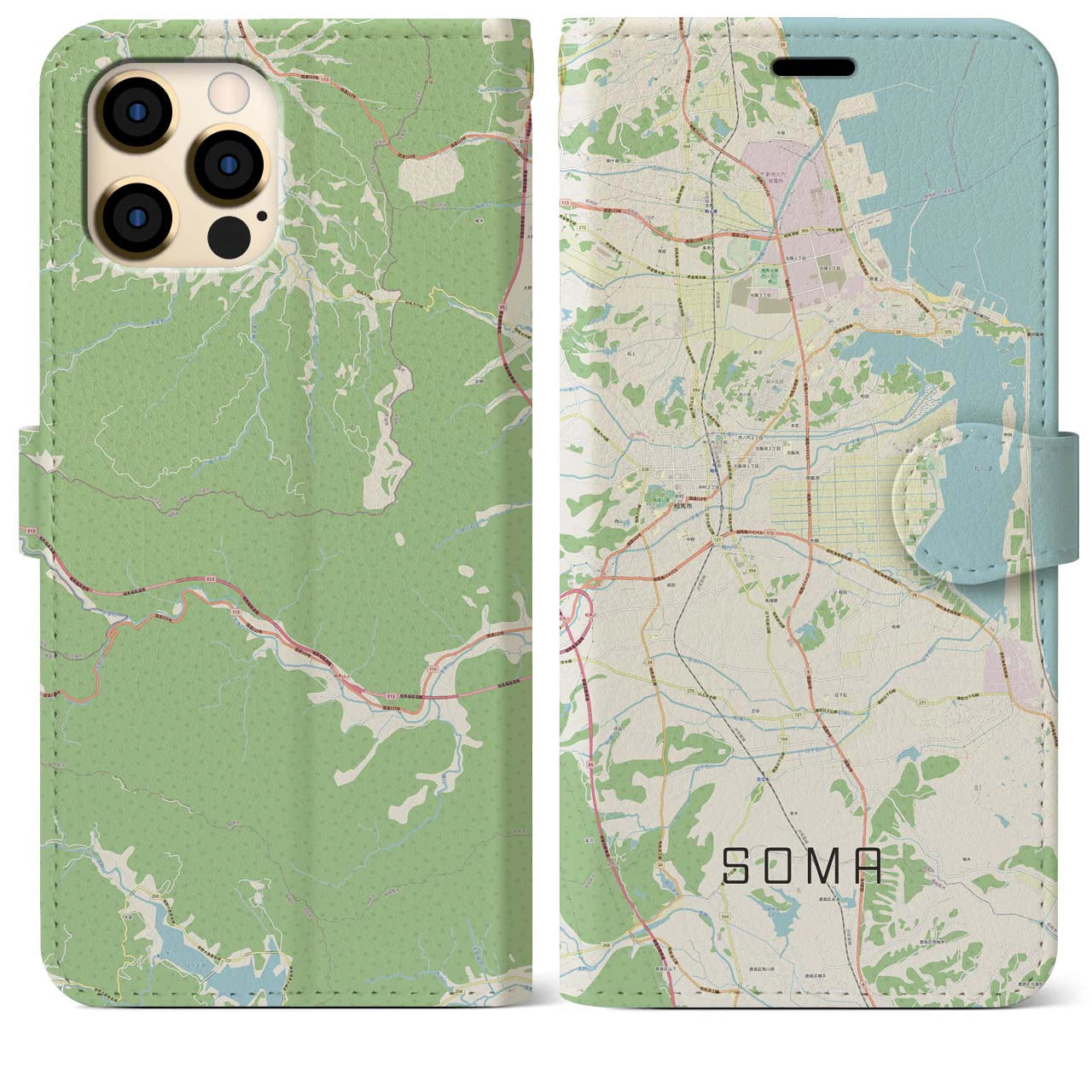 【相馬(福島県)】地図柄iPhoneケース(手帳タイプ)ナチュラル・iPhone 12 Pro Max 用