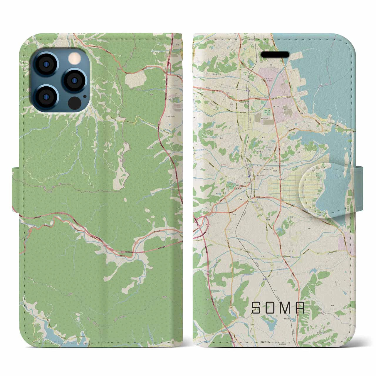 【相馬(福島県)】地図柄iPhoneケース(手帳タイプ)ナチュラル・iPhone 12 / 12 Pro 用