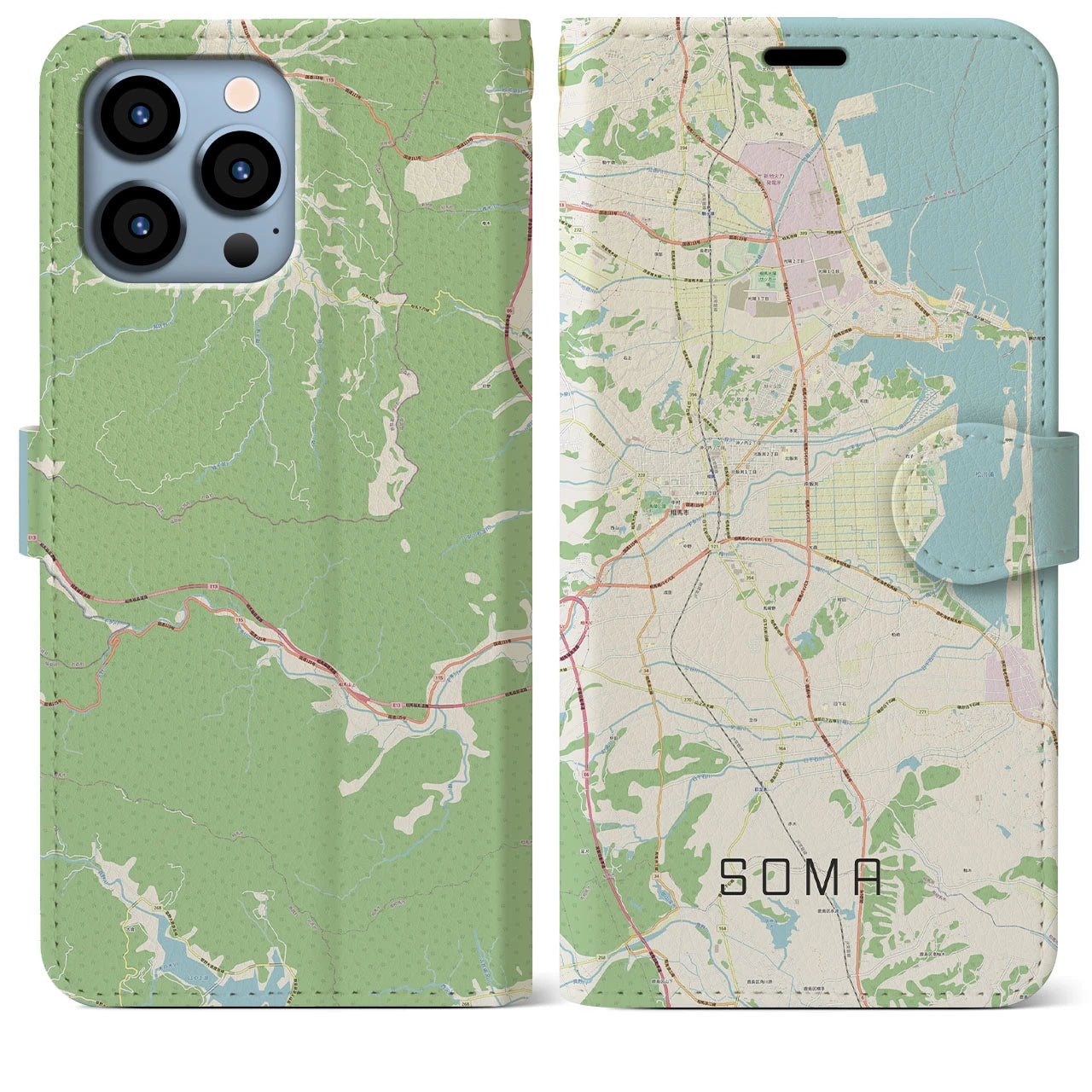 【相馬(福島県)】地図柄iPhoneケース(手帳タイプ)ナチュラル・iPhone 13 Pro Max 用