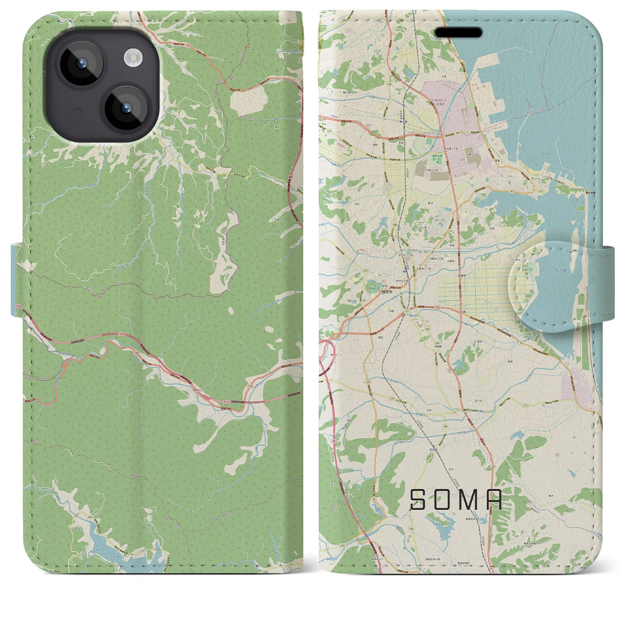 【相馬(福島県)】地図柄iPhoneケース(手帳タイプ)ナチュラル・iPhone 14 Plus 用