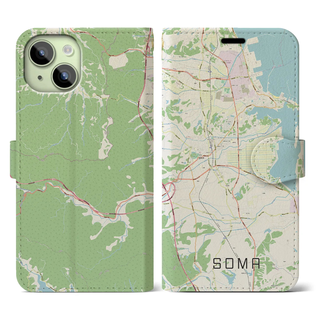 【相馬(福島県)】地図柄iPhoneケース(手帳タイプ)ナチュラル・iPhone 15 用