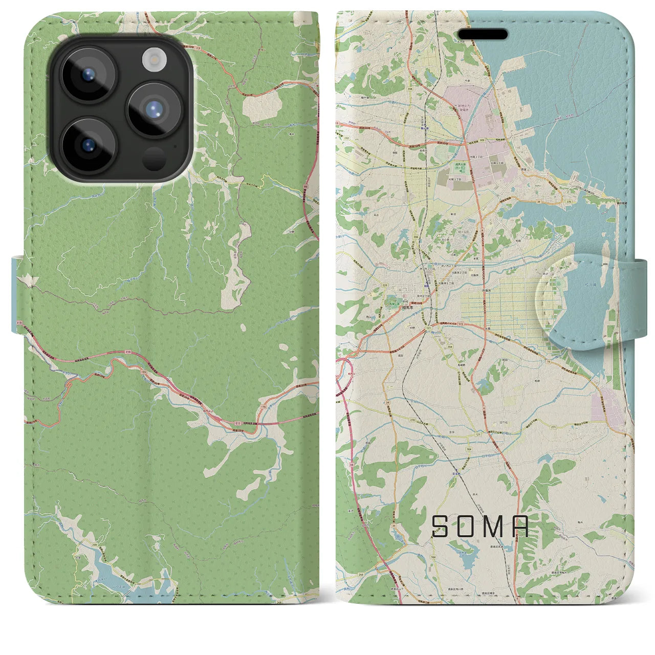 【相馬(福島県)】地図柄iPhoneケース(手帳タイプ)ナチュラル・iPhone 15 Pro Max 用