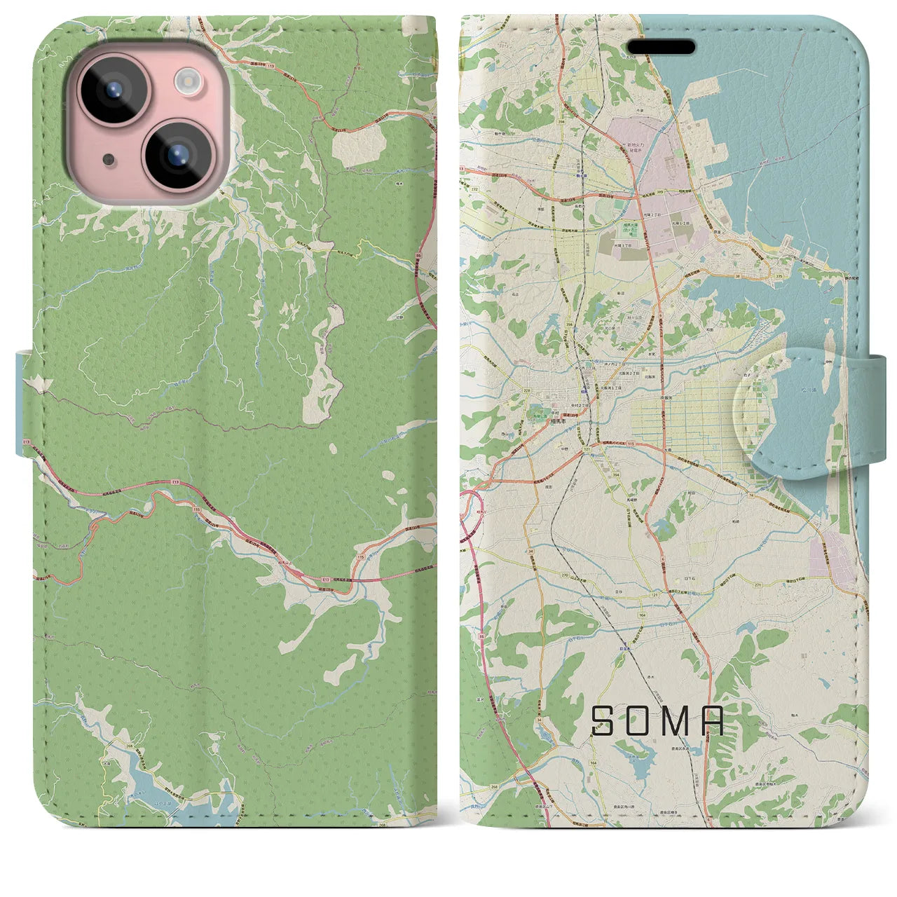 【相馬(福島県)】地図柄iPhoneケース(手帳タイプ)ナチュラル・iPhone 15 Plus 用