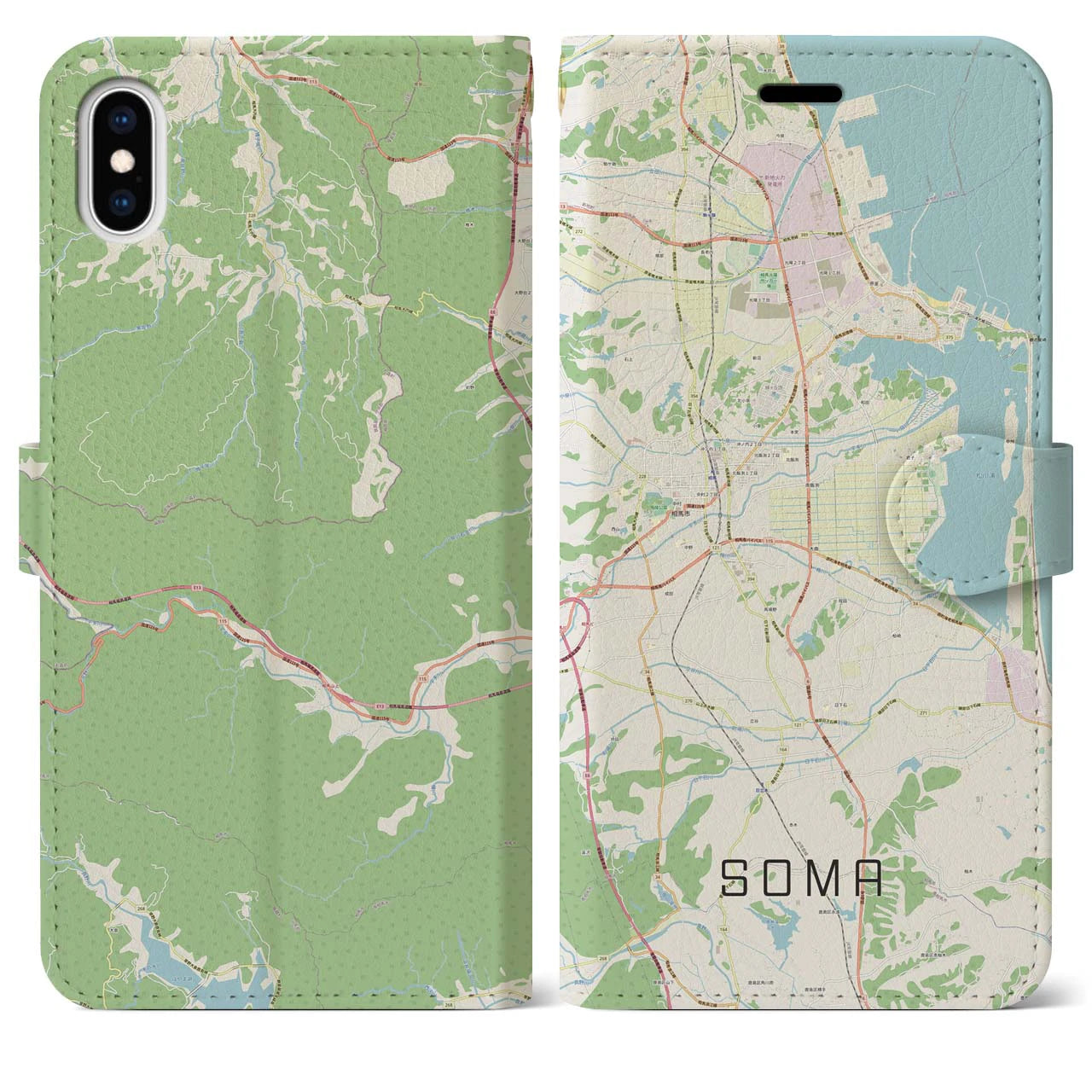 【相馬(福島県)】地図柄iPhoneケース(手帳タイプ)ナチュラル・iPhone XS Max 用