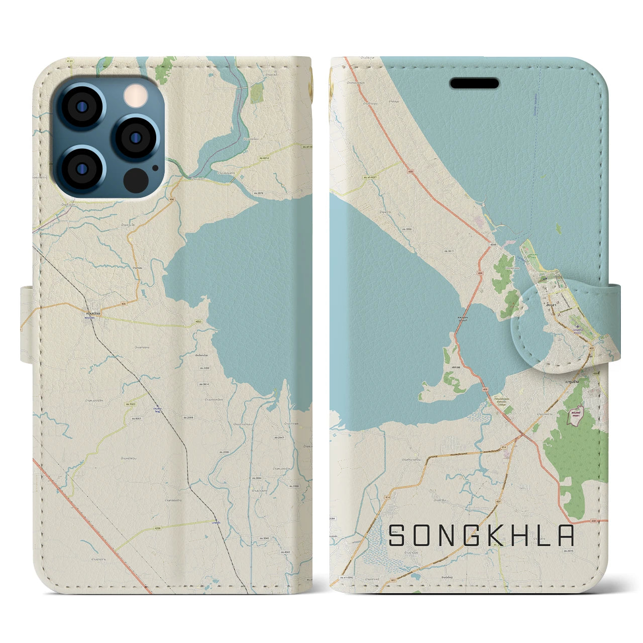 【ソンクラー(タイ)】地図柄iPhoneケース(手帳タイプ)ナチュラル・iPhone 12 / 12 Pro 用