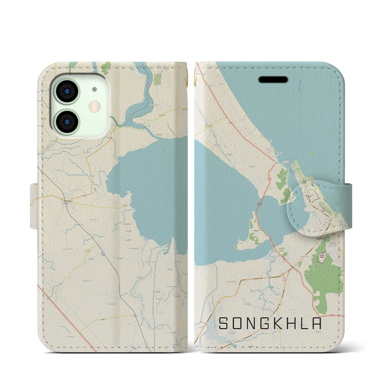 【ソンクラー(タイ)】地図柄iPhoneケース(手帳タイプ)ナチュラル・iPhone 12 mini 用