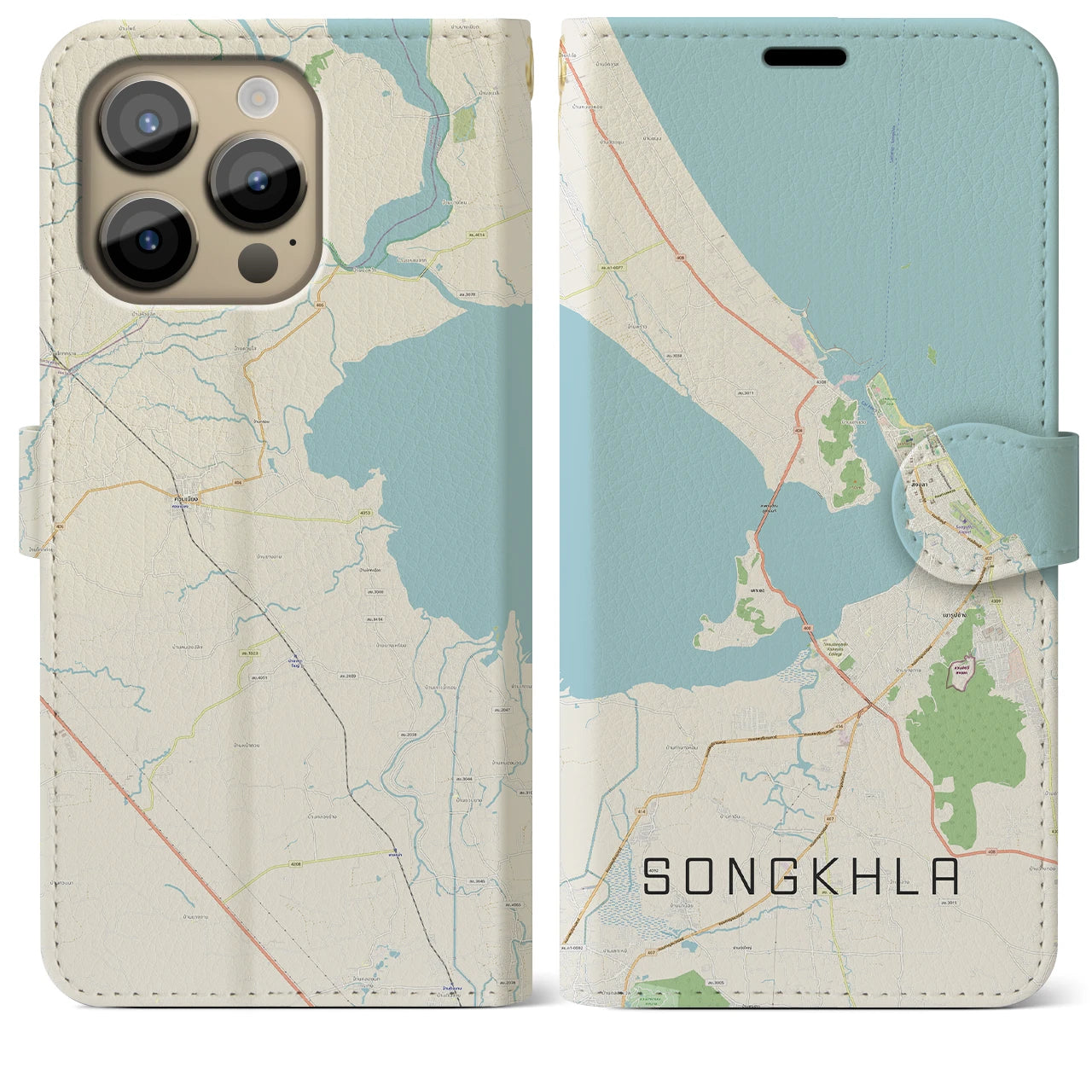 【ソンクラー(タイ)】地図柄iPhoneケース(手帳タイプ)ナチュラル・iPhone 14 Pro Max 用