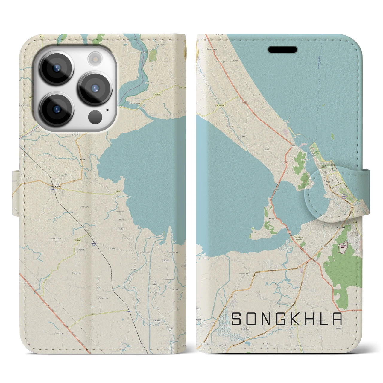 【ソンクラー(タイ)】地図柄iPhoneケース(手帳タイプ)ナチュラル・iPhone 14 Pro 用