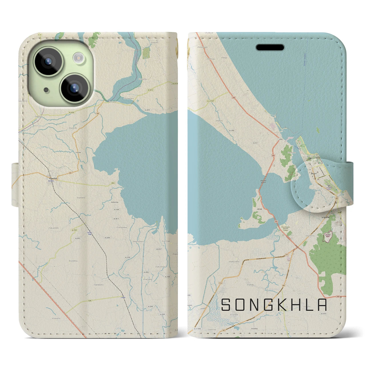 【ソンクラー(タイ)】地図柄iPhoneケース(手帳タイプ)ナチュラル・iPhone 15 用