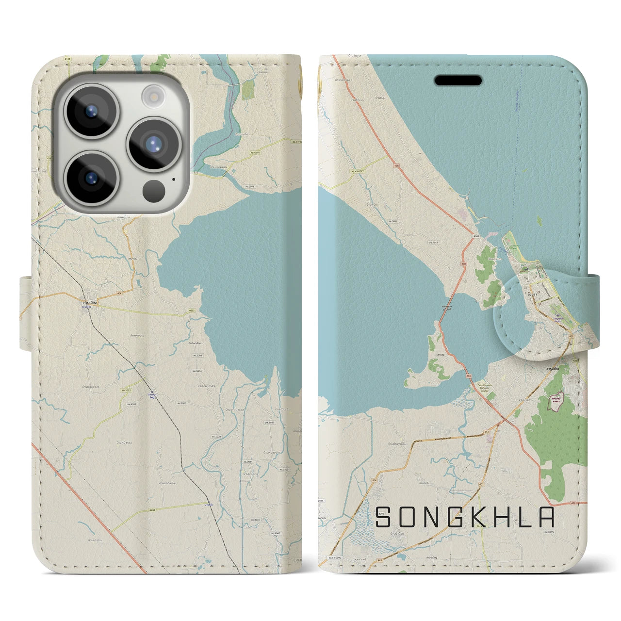【ソンクラー(タイ)】地図柄iPhoneケース(手帳タイプ)ナチュラル・iPhone 15 Pro 用