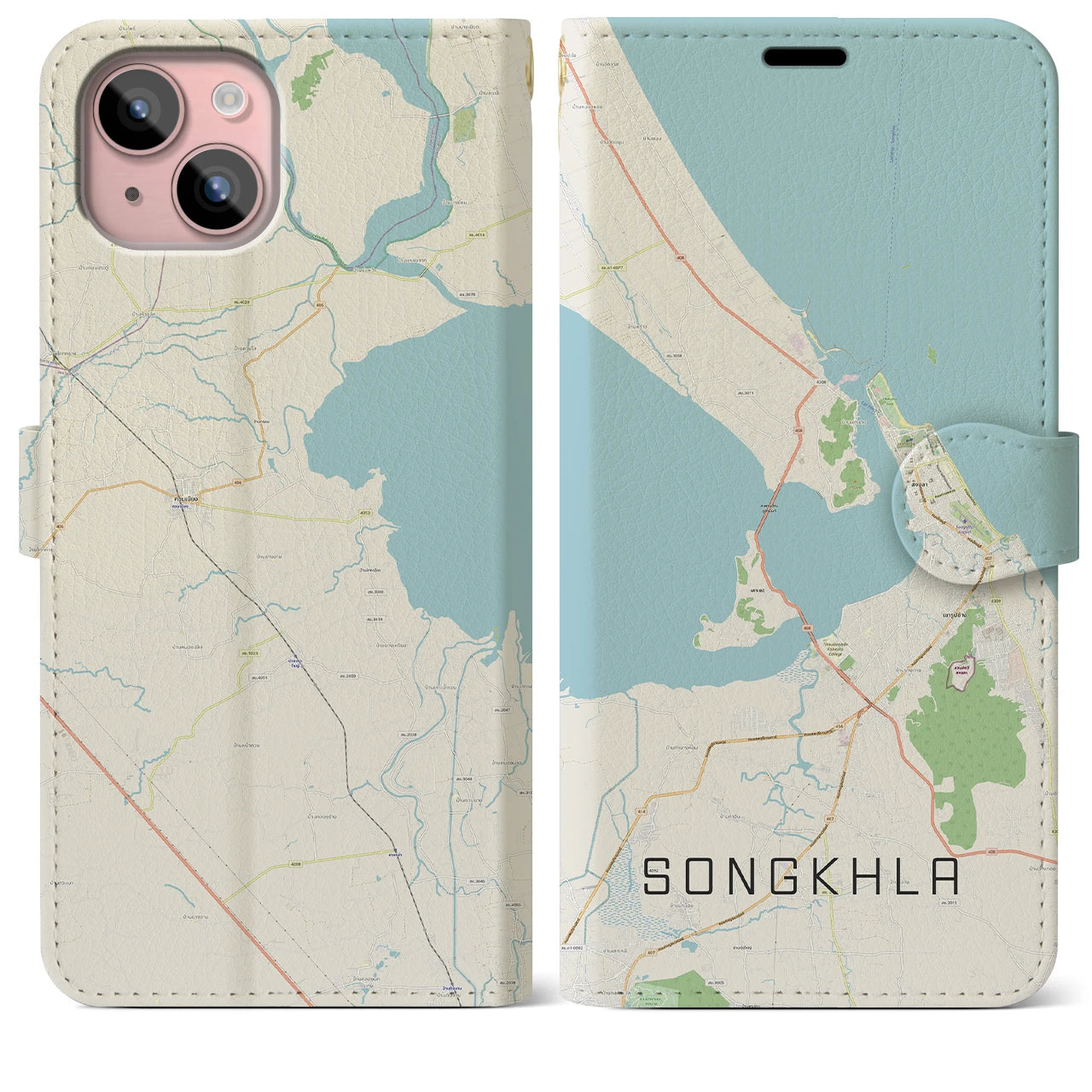 【ソンクラー(タイ)】地図柄iPhoneケース(手帳タイプ)ナチュラル・iPhone 15 Plus 用