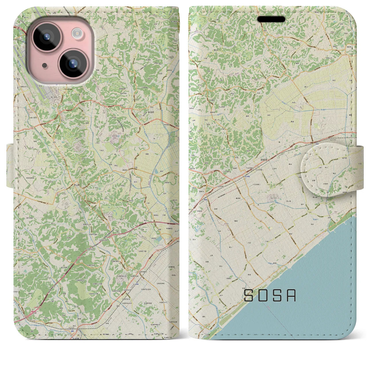 【匝瑳(千葉県)】地図柄iPhoneケース(手帳タイプ)ナチュラル・iPhone 15 Plus 用