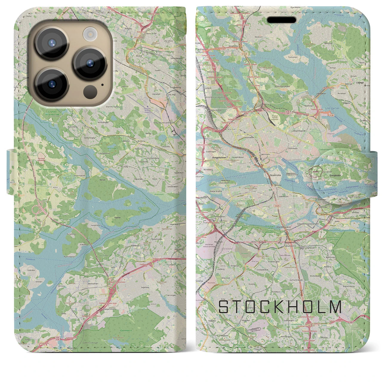【ストックホルム(スウェーデン)】地図柄iPhoneケース(手帳タイプ)ナチュラル・iPhone 14 Pro Max 用