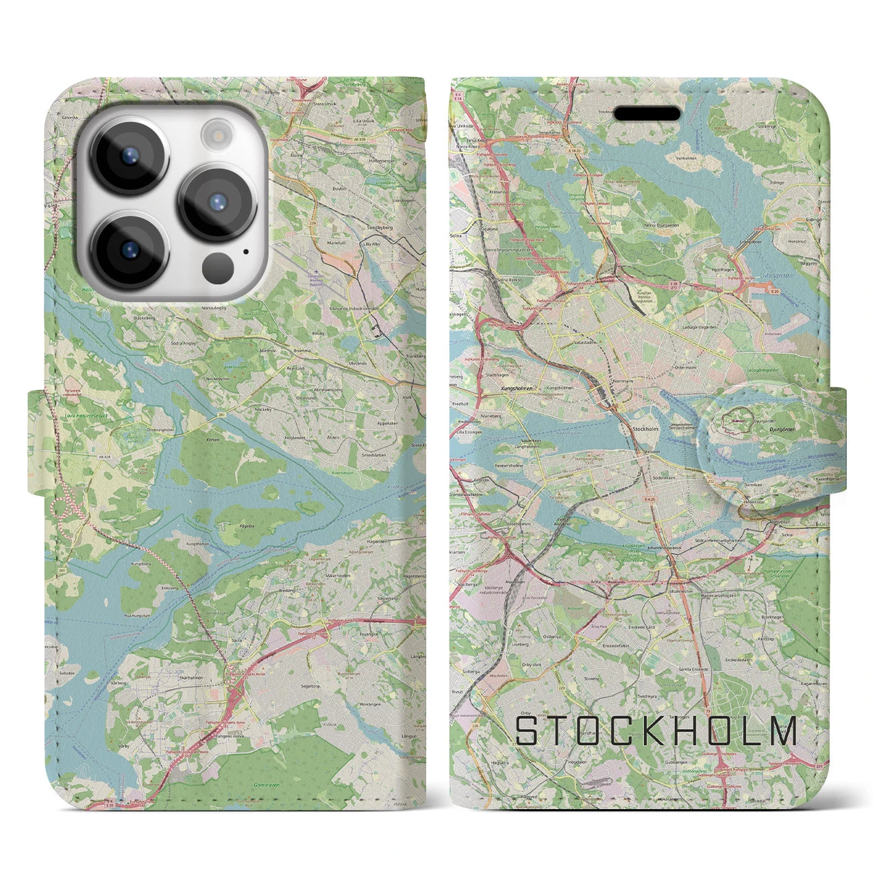 【ストックホルム(スウェーデン)】地図柄iPhoneケース(手帳タイプ)ナチュラル・iPhone 14 Pro 用