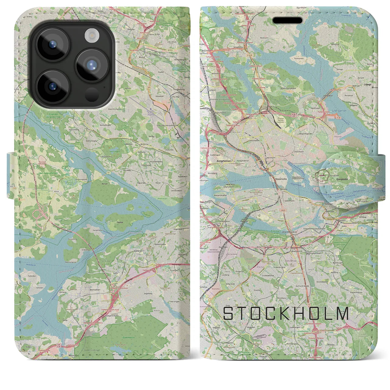 【ストックホルム(スウェーデン)】地図柄iPhoneケース(手帳タイプ)ナチュラル・iPhone 15 Pro Max 用