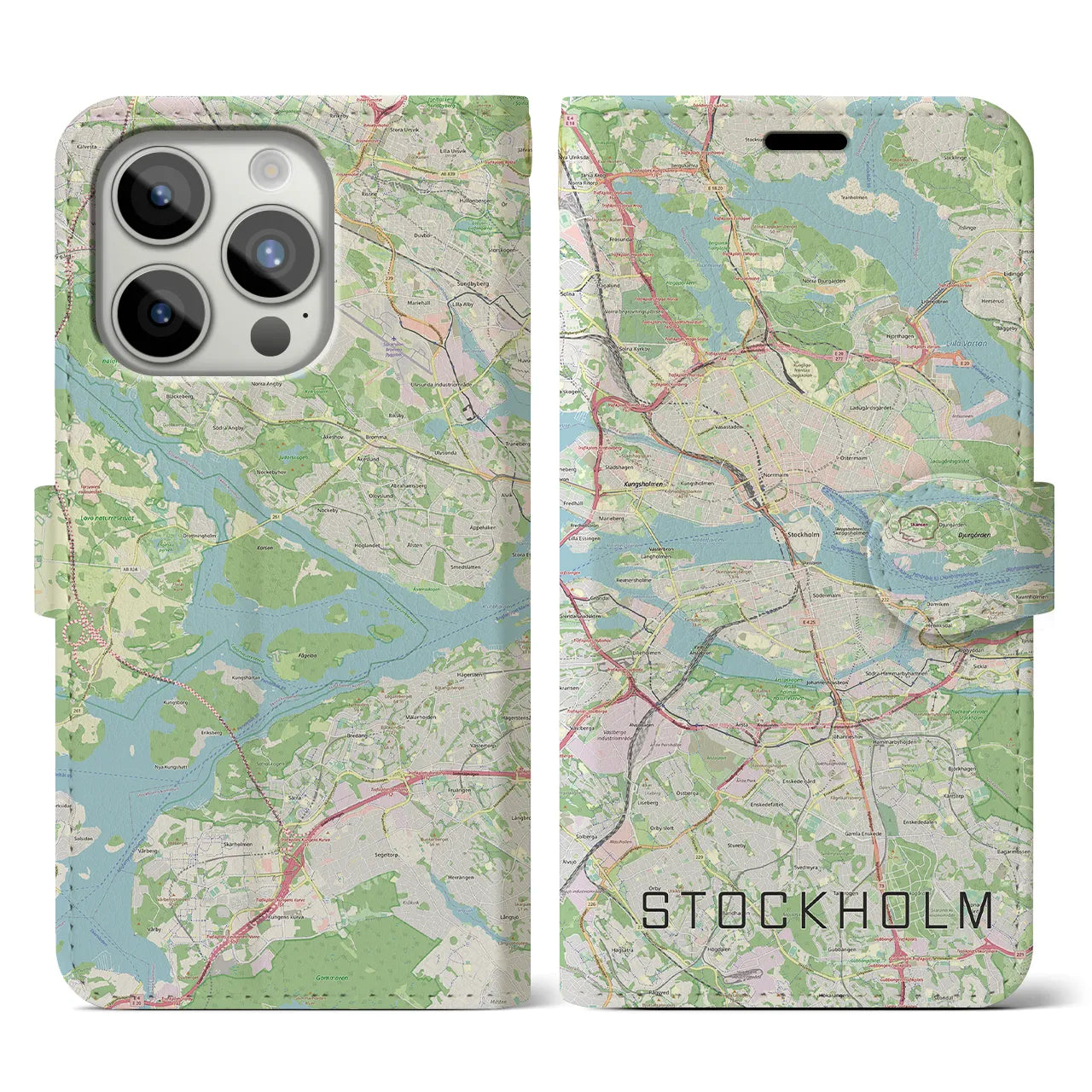 【ストックホルム(スウェーデン)】地図柄iPhoneケース(手帳タイプ)ナチュラル・iPhone 15 Pro 用