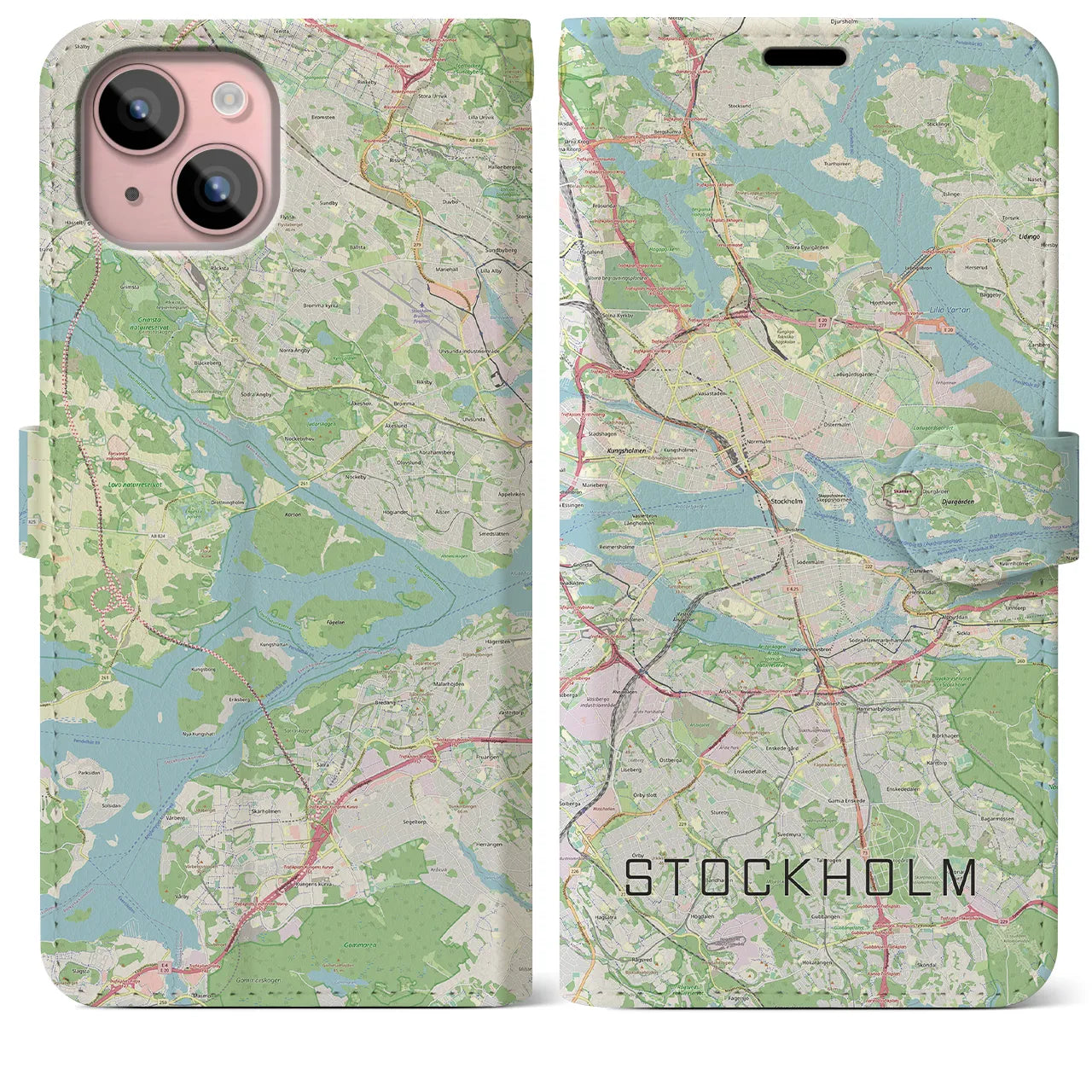【ストックホルム(スウェーデン)】地図柄iPhoneケース(手帳タイプ)ナチュラル・iPhone 15 Plus 用