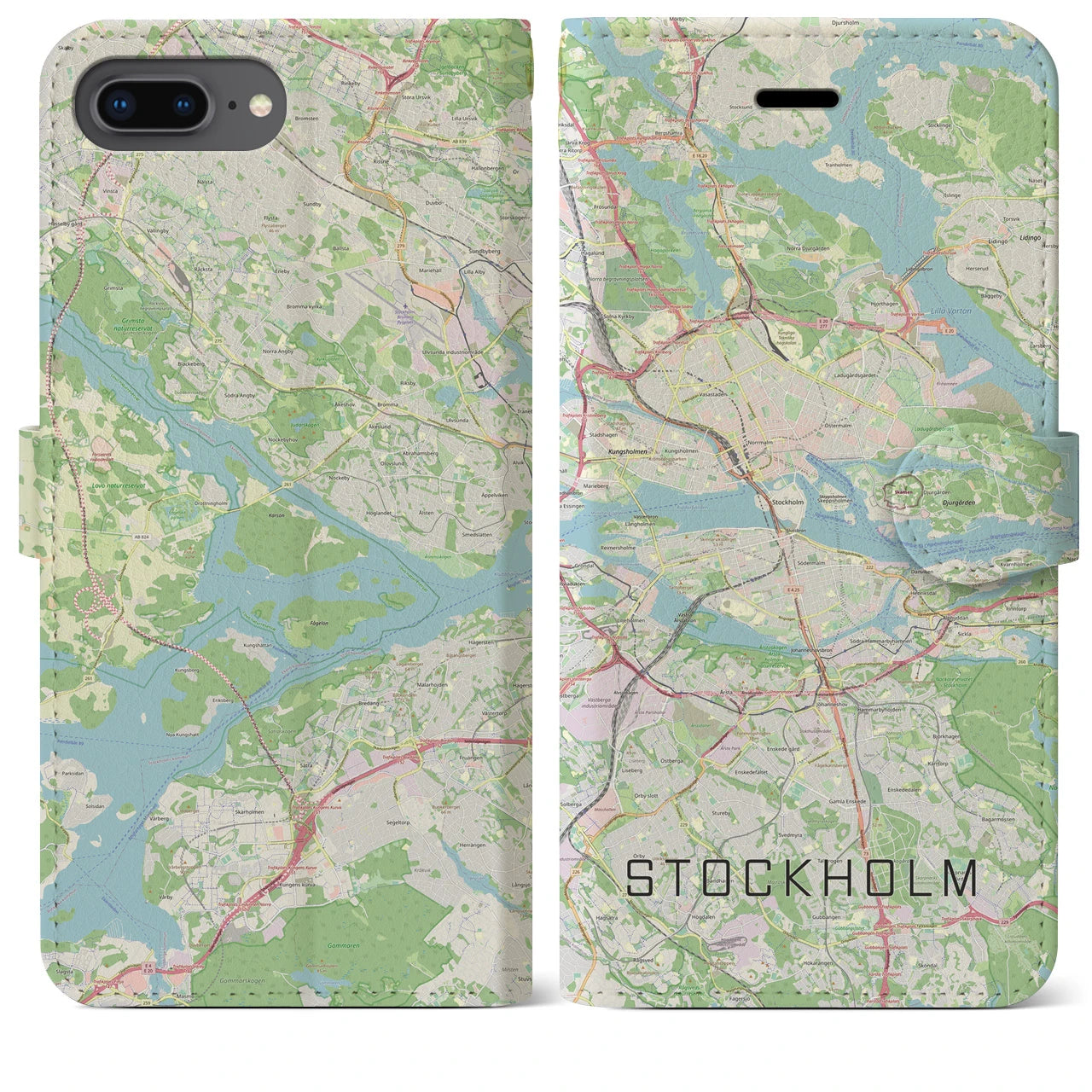 【ストックホルム(スウェーデン)】地図柄iPhoneケース(手帳タイプ)ナチュラル・iPhone 8Plus /7Plus / 6sPlus / 6Plus 用