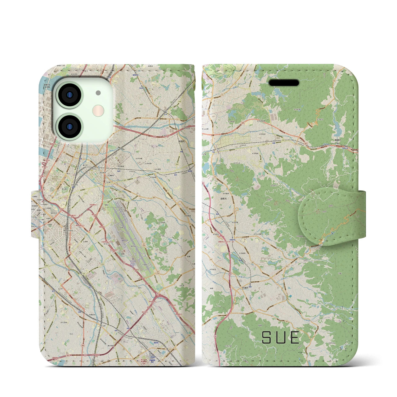 【須恵(福岡県)】地図柄iPhoneケース(手帳タイプ)ナチュラル・iPhone 12 mini 用