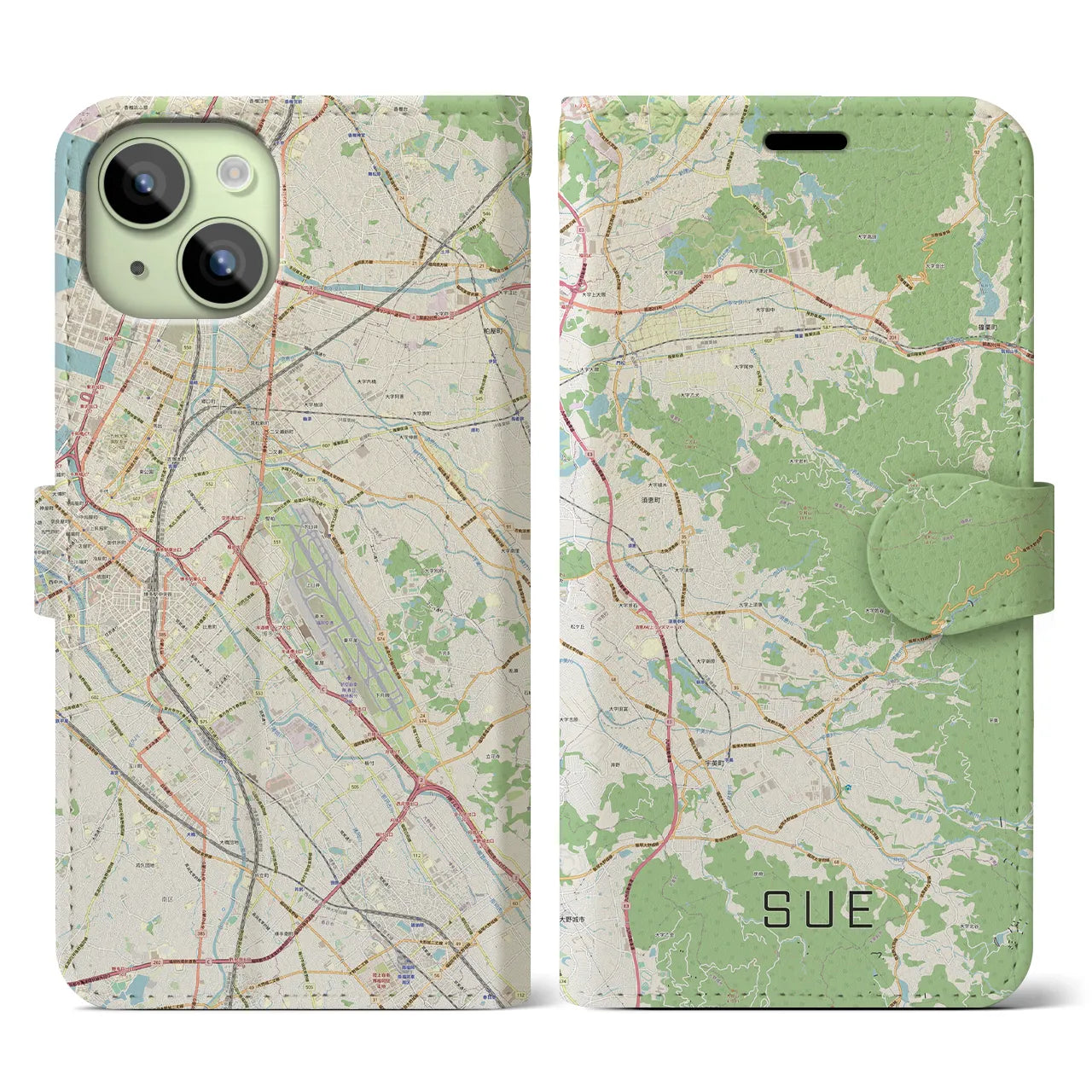 【須恵(福岡県)】地図柄iPhoneケース(手帳タイプ)ナチュラル・iPhone 15 用