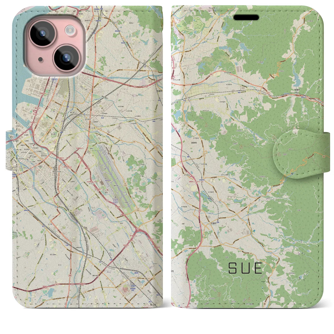 【須恵(福岡県)】地図柄iPhoneケース(手帳タイプ)ナチュラル・iPhone 15 Plus 用