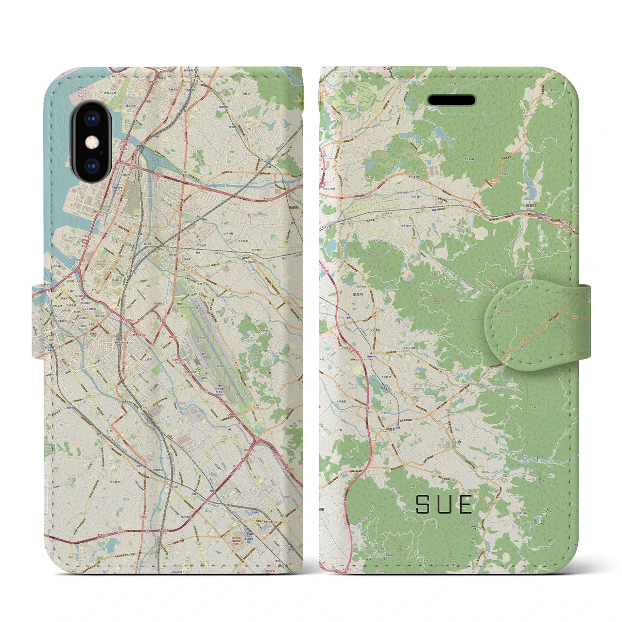 【須恵(福岡県)】地図柄iPhoneケース(手帳タイプ)ナチュラル・iPhone XS / X 用