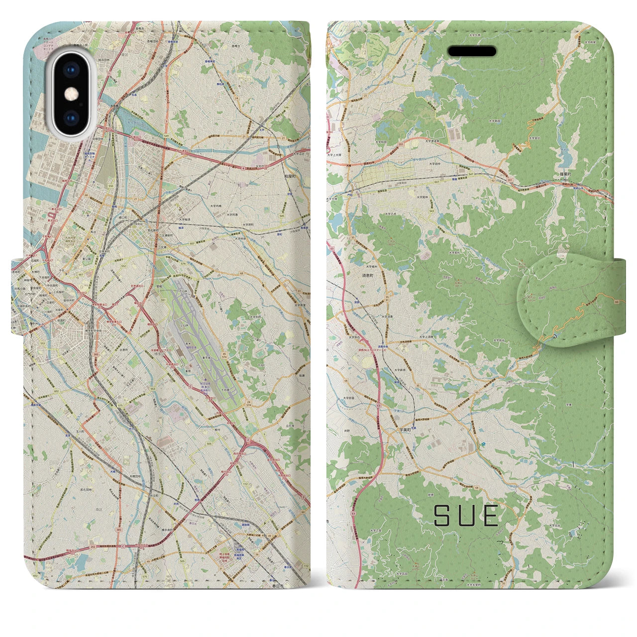 【須恵(福岡県)】地図柄iPhoneケース(手帳タイプ)ナチュラル・iPhone XS Max 用