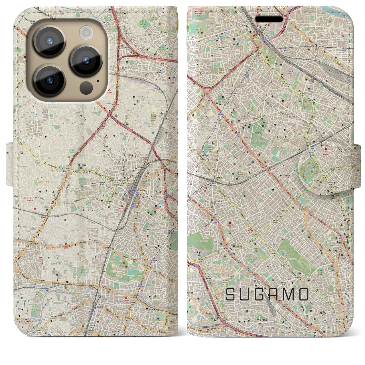 【巣鴨(東京都)】地図柄iPhoneケース(手帳タイプ)ナチュラル・iPhone 14 Pro Max 用