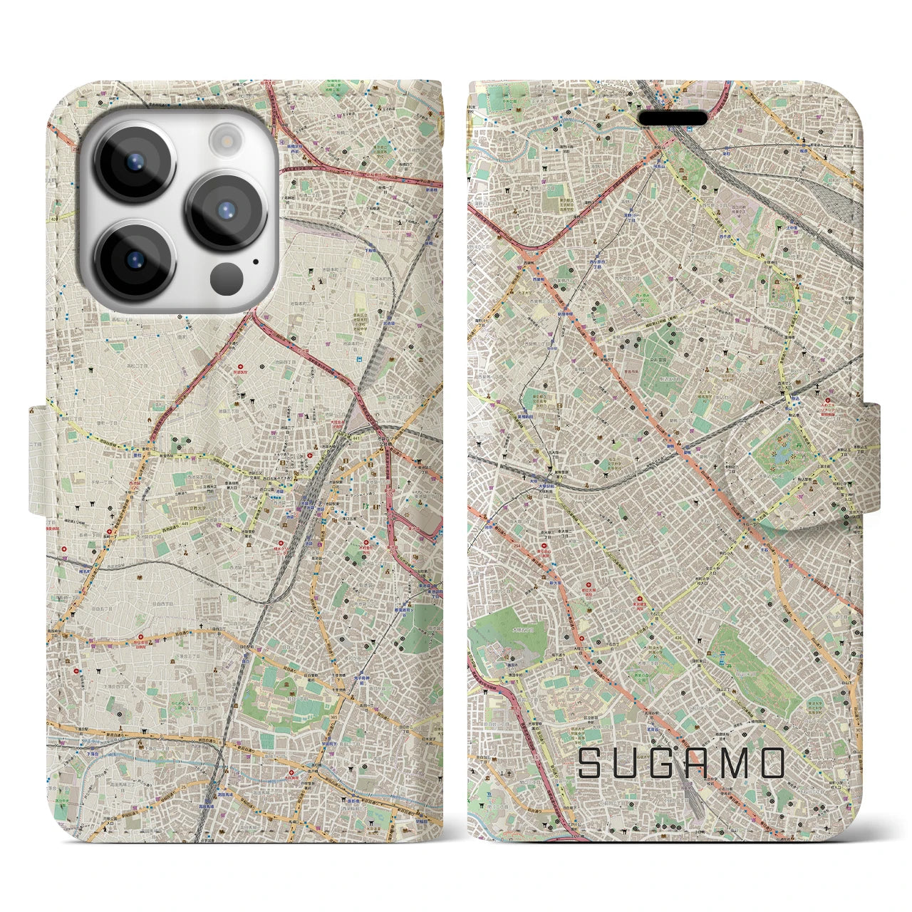【巣鴨(東京都)】地図柄iPhoneケース(手帳タイプ)ナチュラル・iPhone 14 Pro 用