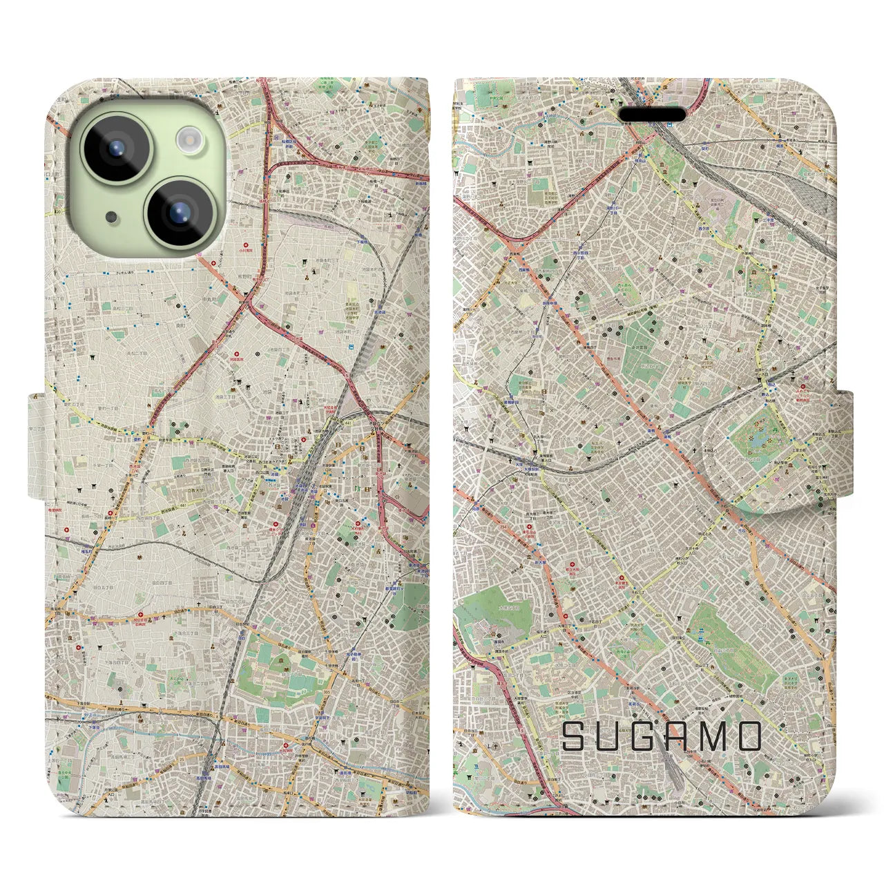 【巣鴨(東京都)】地図柄iPhoneケース(手帳タイプ)ナチュラル・iPhone 15 用