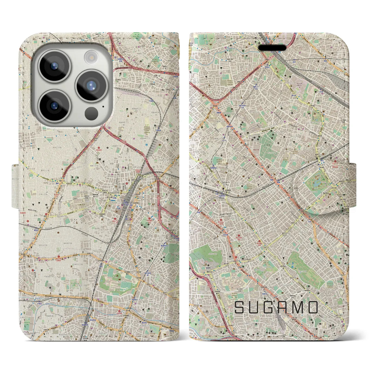 【巣鴨(東京都)】地図柄iPhoneケース(手帳タイプ)ナチュラル・iPhone 15 Pro 用