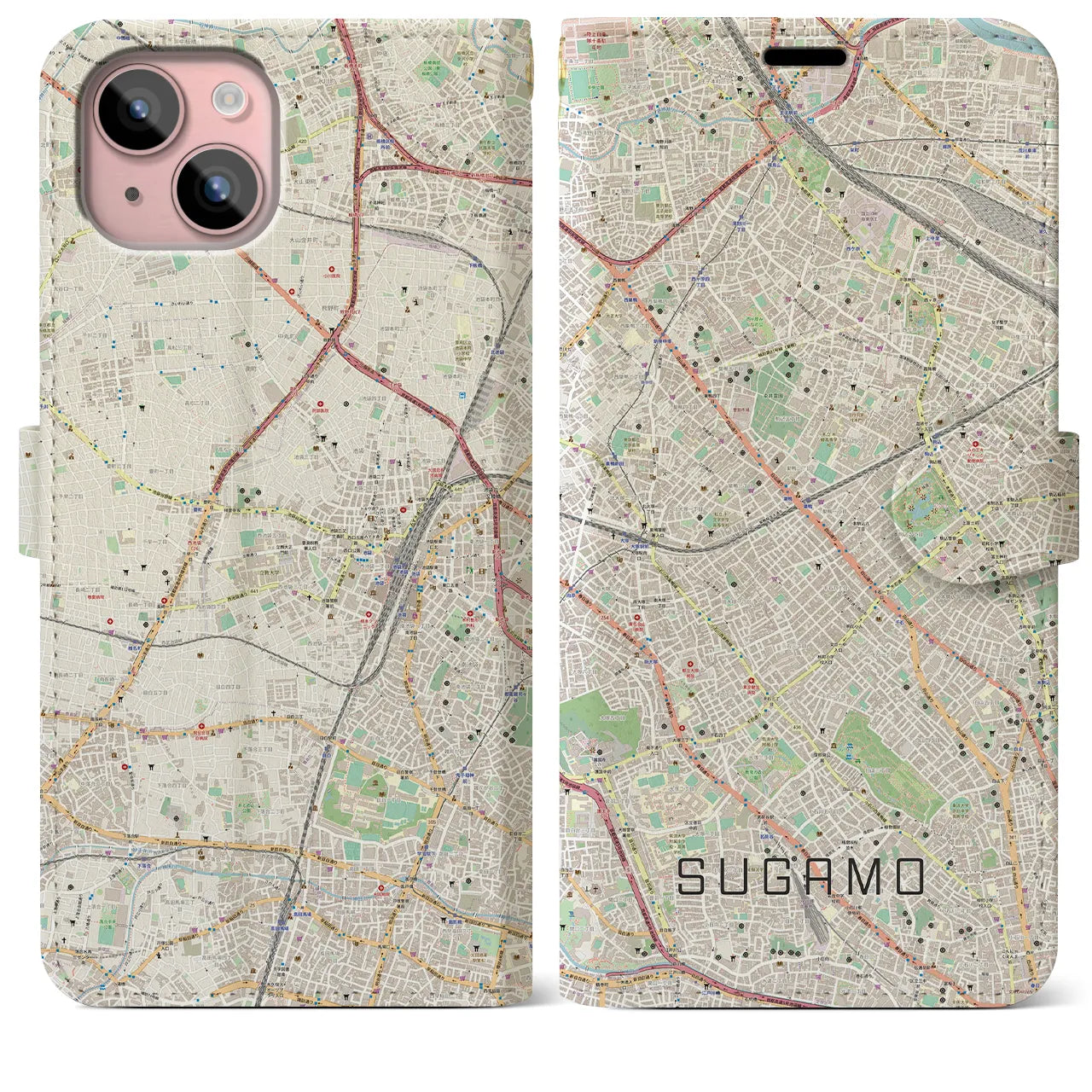 【巣鴨(東京都)】地図柄iPhoneケース(手帳タイプ)ナチュラル・iPhone 15 Plus 用